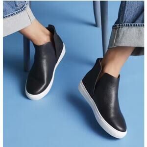 Birdies The Falcon Black Leather Slip-On Sneaker Bootie Hidden Wedge, Size 7.5